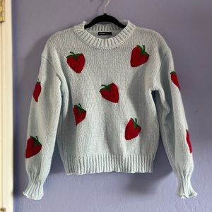 Cottagecore light blue strawberry knit sweater